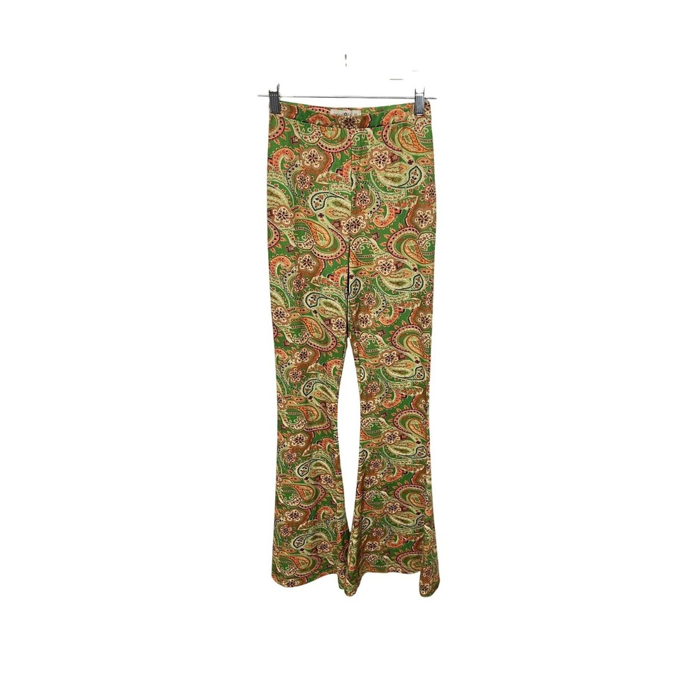 Natural Life Bell Bottom Pants Women XS Green Paisley Flare High Waist Boho